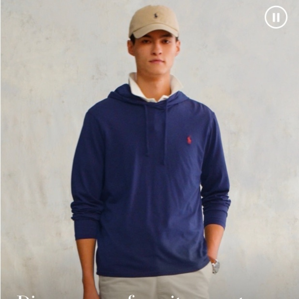 Polo Ralph Lauren Hooded Long Sleeve Navy T-Shirt Embroidered Logo Size XL
